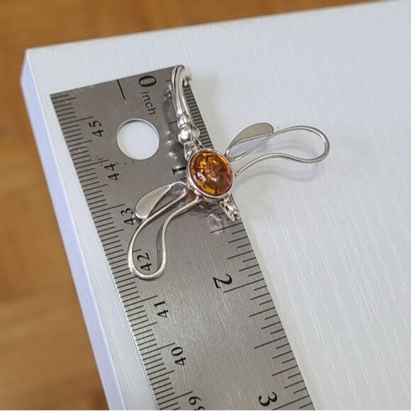 Vintage Sterling Silver Baltic Amber Gemstone Dragonfly Brooch Pendant - Picture 3 of 10